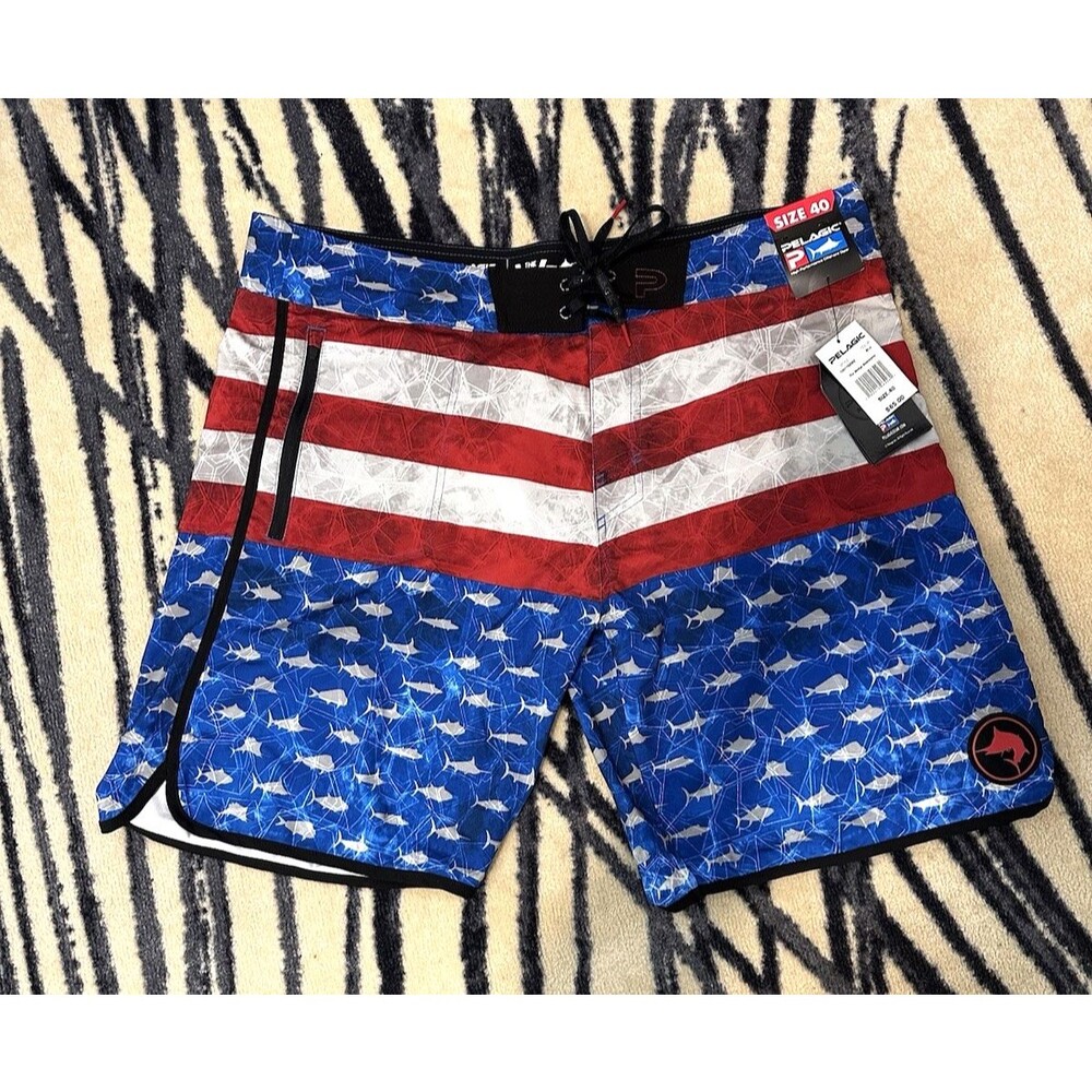 NWT Pelagic Mens Board Shorts Wedge Americamo Swim Trunks Mens 40 USA Flag